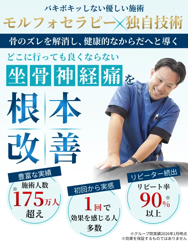 モルフォセラピーによる坐骨神経痛の根本改善施術のイメージと実績を紹介するFV画像