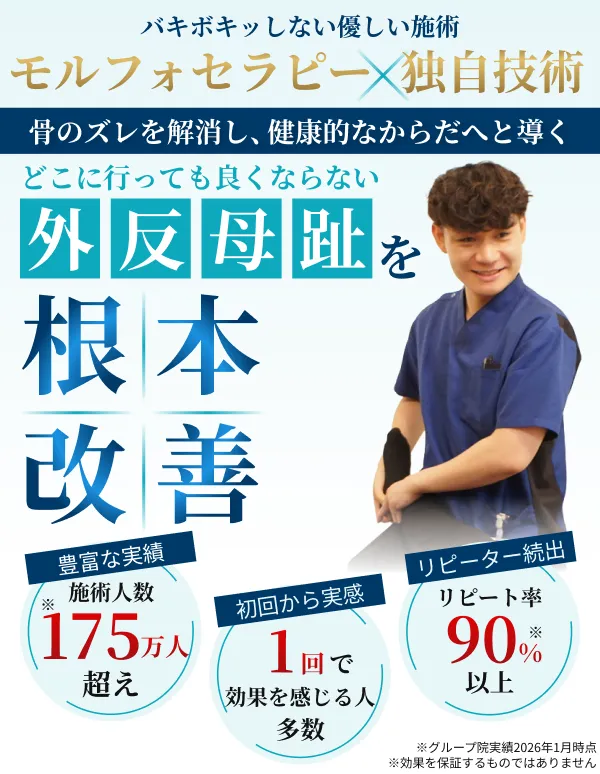 モルフォセラピーによる外反母趾の根本改善施術のイメージと実績を紹介するFV画像