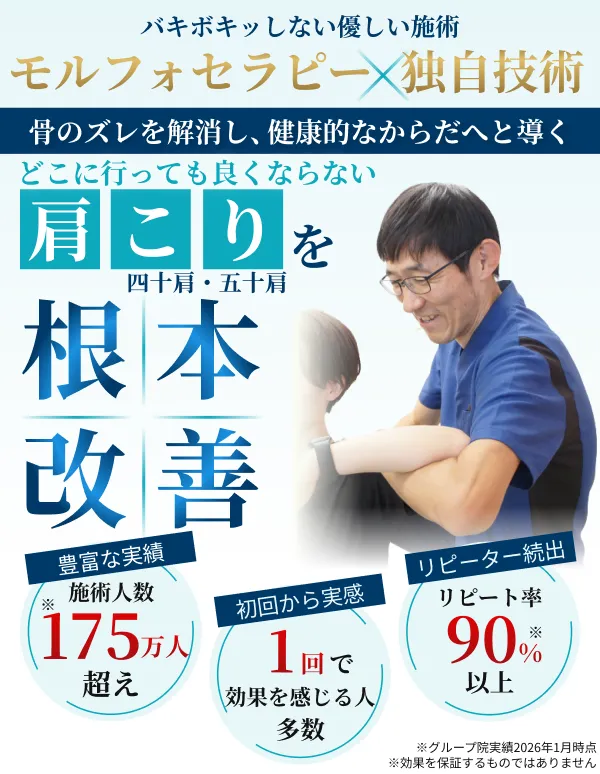 モルフォセラピーによる肩こりの根本改善施術のイメージと実績を紹介するFV画像