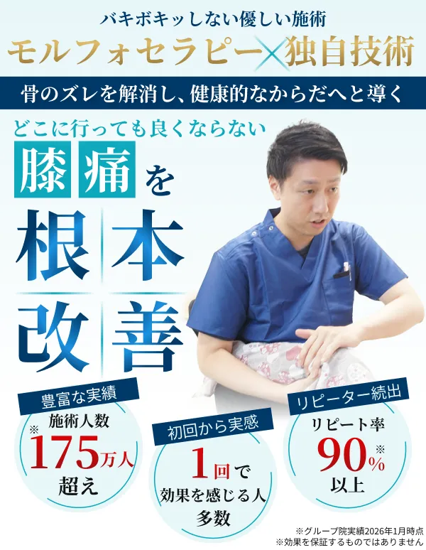 モルフォセラピーによる膝痛の根本改善施術のイメージと実績を紹介するFV画像