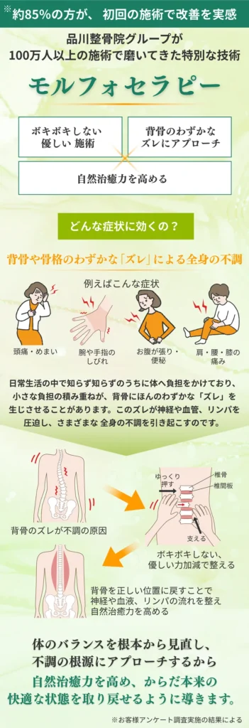 品川整骨院グループが100万人以上の施術で磨いてきた特別技術モルフォセラピー効果解説